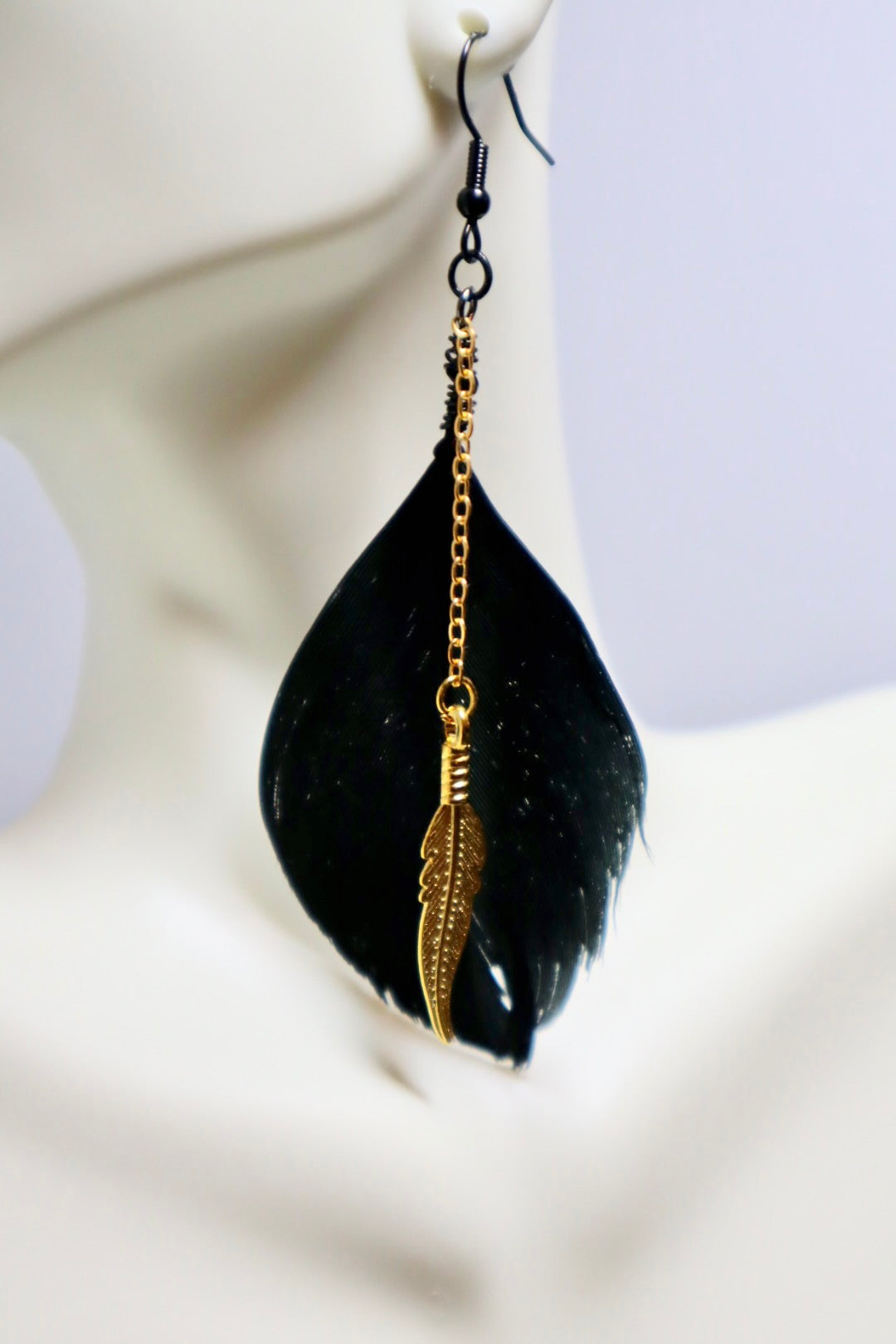 Black and Gold Feather Statement Dangle Earrings