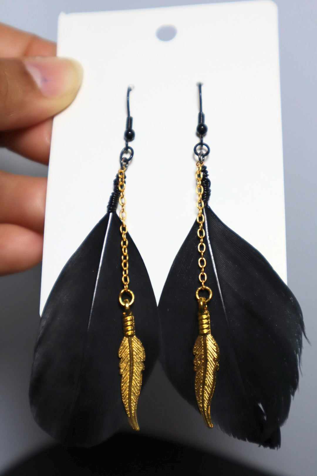 Black and Gold Feather Statement Dangle Earrings