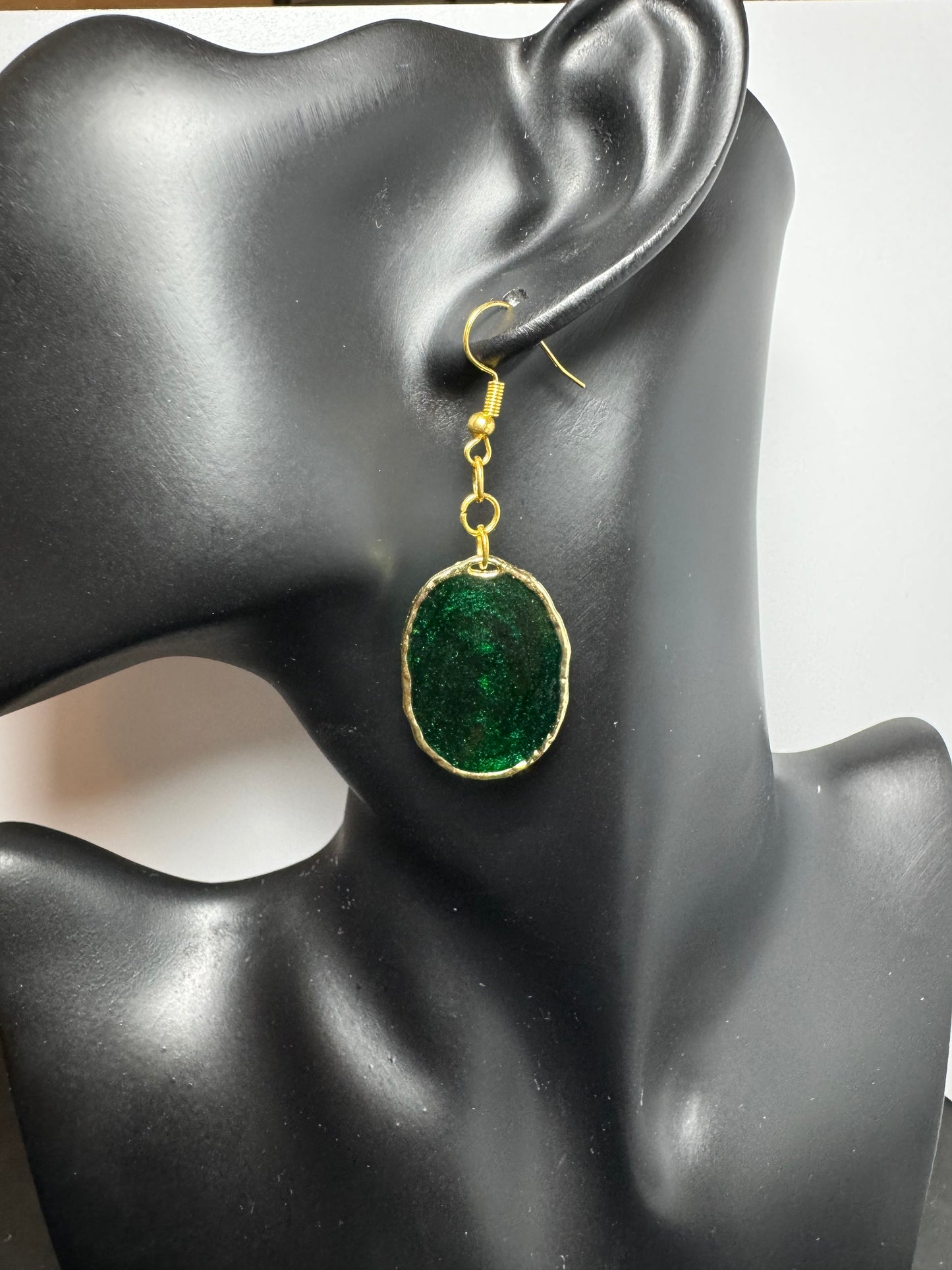 Gold Oval with Emerald Green Acrylic/Gold Leaf Dangle Earrings