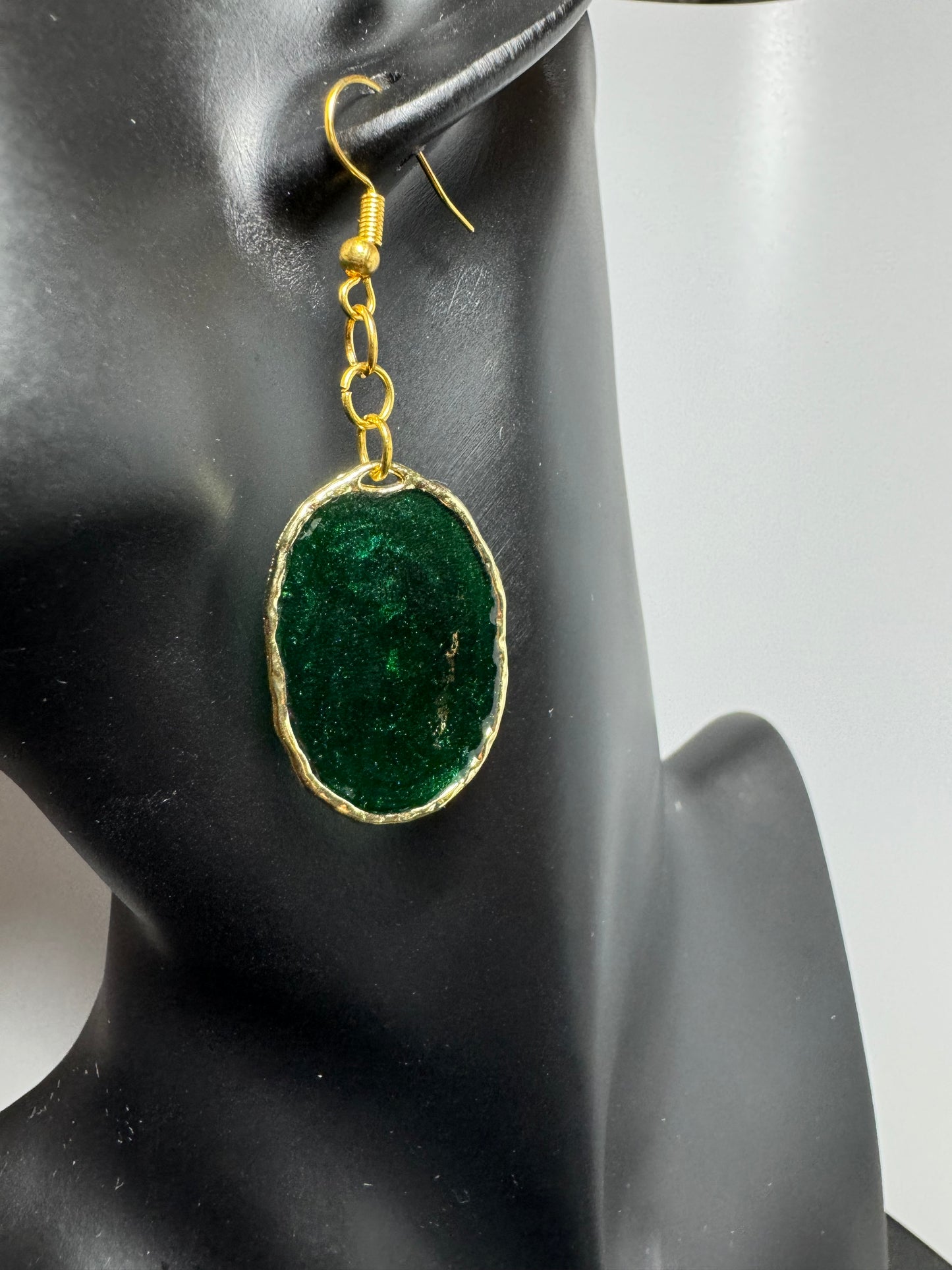 Gold Oval with Emerald Green Acrylic/Gold Leaf Dangle Earrings