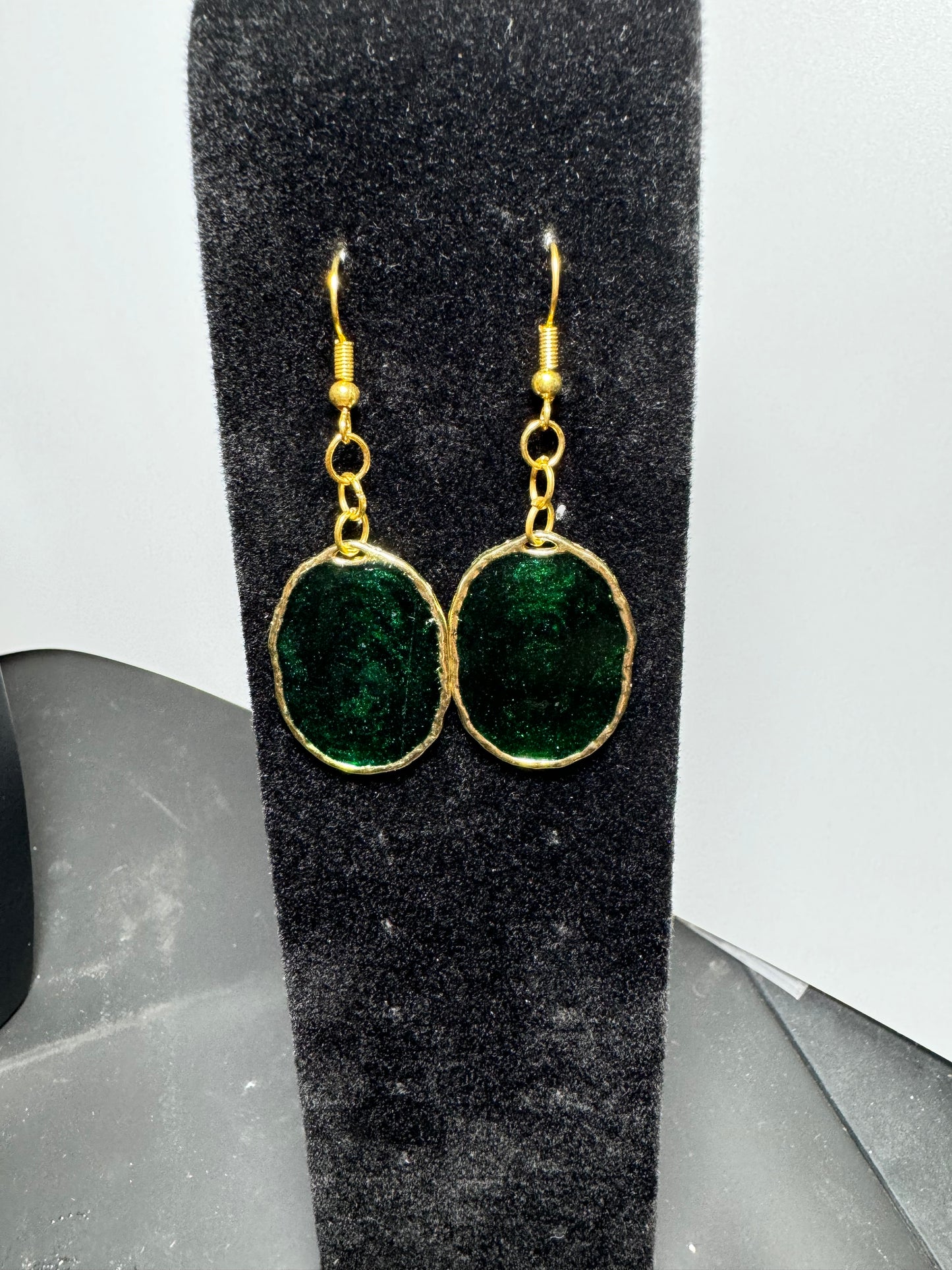 Gold Oval with Emerald Green Acrylic/Gold Leaf Dangle Earrings