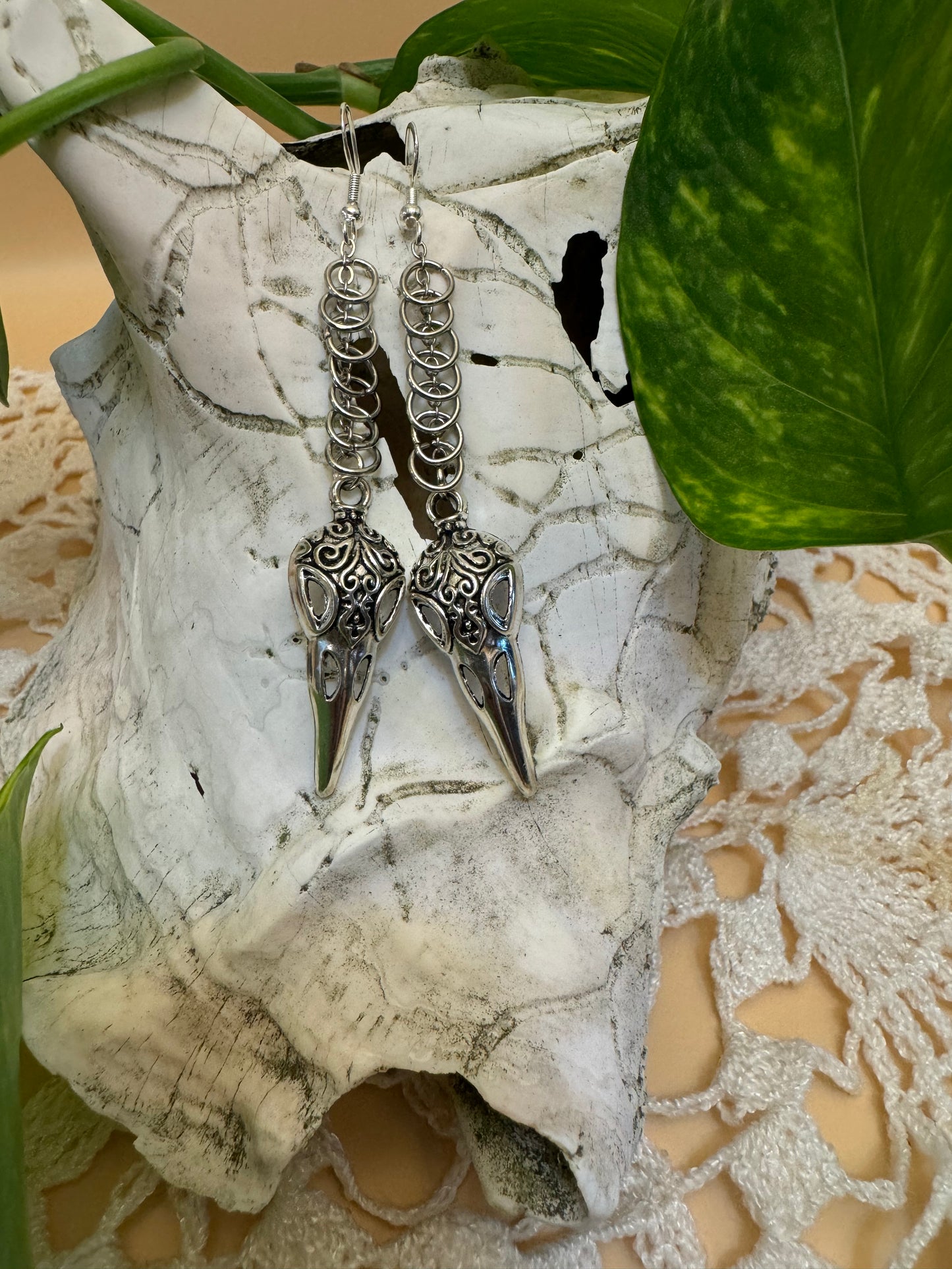 Silver Raven Skull and Chain Dangle Earrings