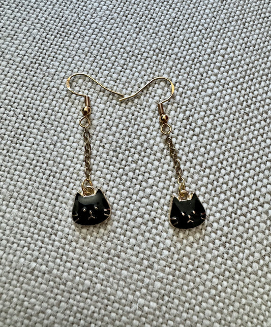 Black Cat Gold Dangle Earrings