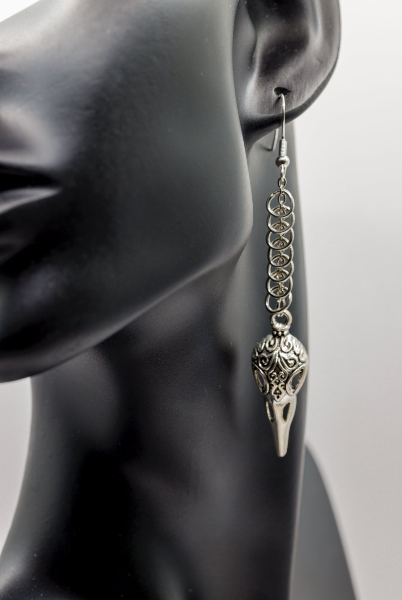 Silver Raven Skull and Chain Dangle Earrings