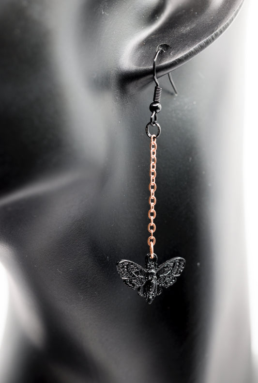 Black and Rose Gold Death's Head Moth Dangle Earrings