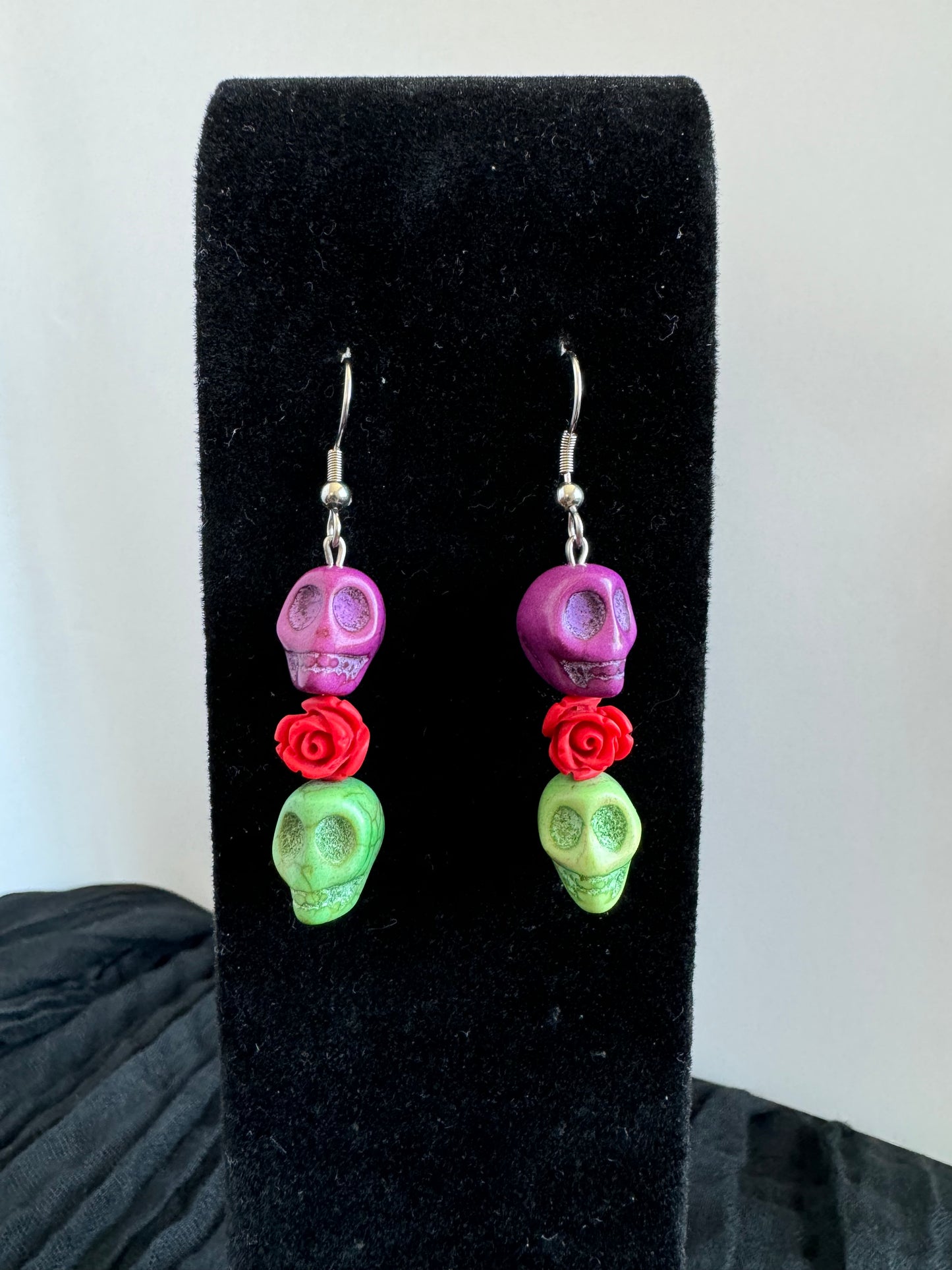 Purple and Green Sugar Skull Dangle Earrings