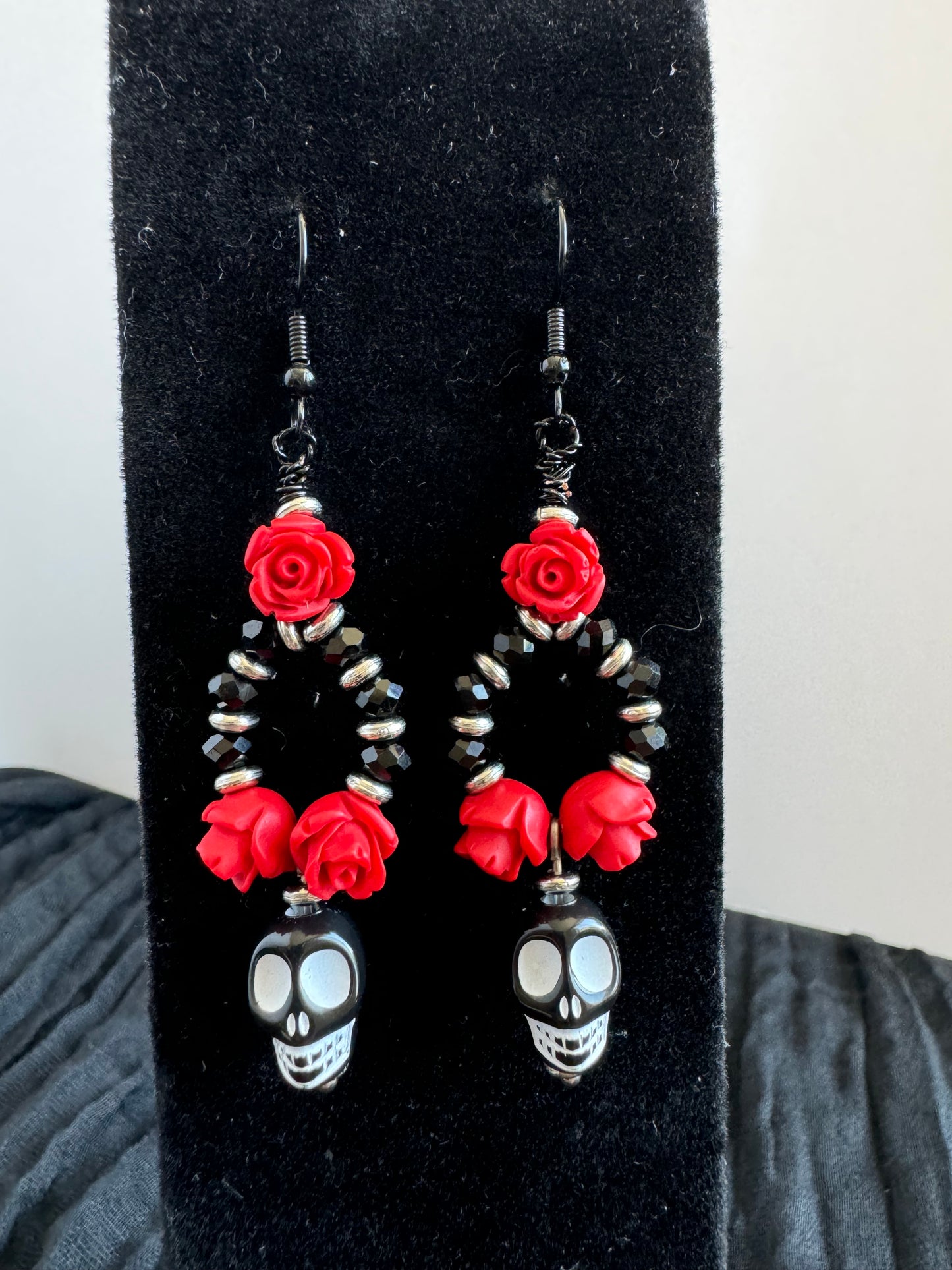 Gothic Oval Hoop Sugar Skull Dangle Earrings