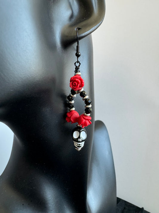 Gothic Oval Hoop Sugar Skull Dangle Earrings