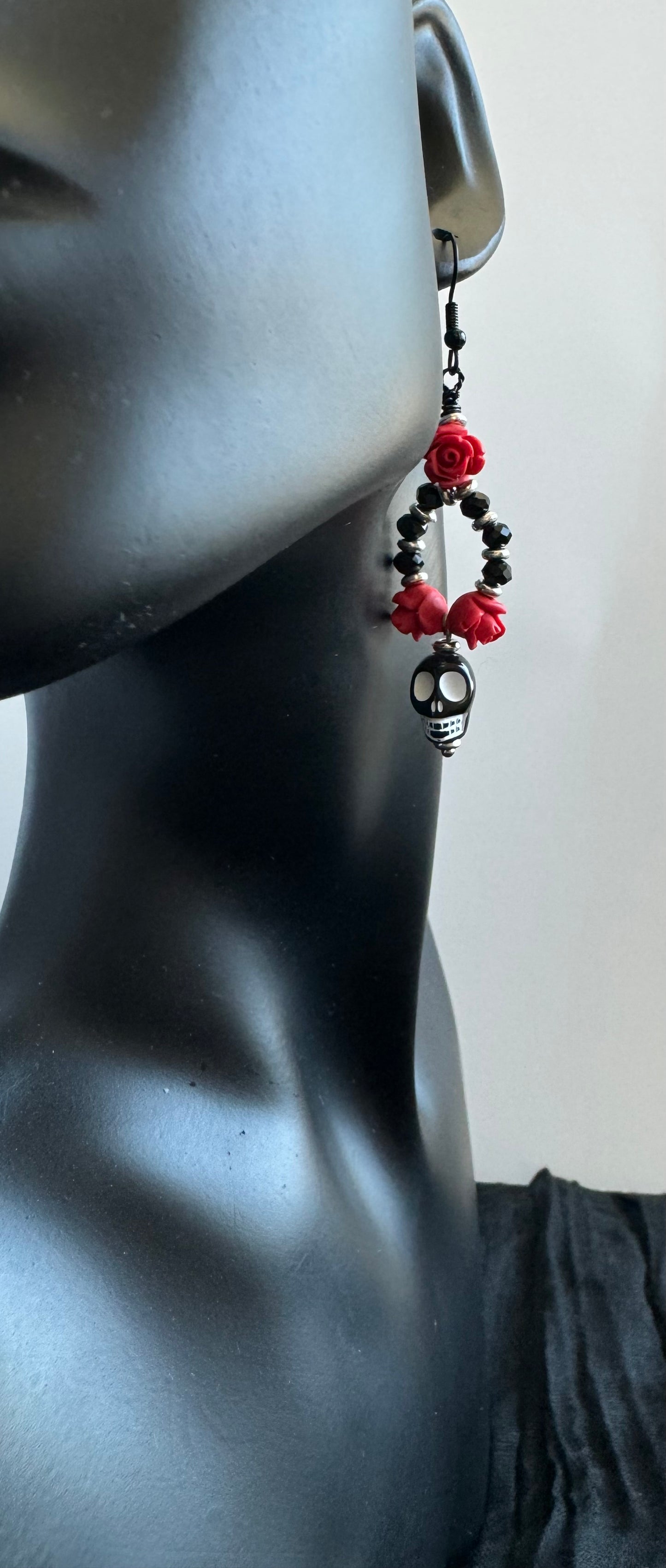 Gothic Oval Hoop Sugar Skull Dangle Earrings