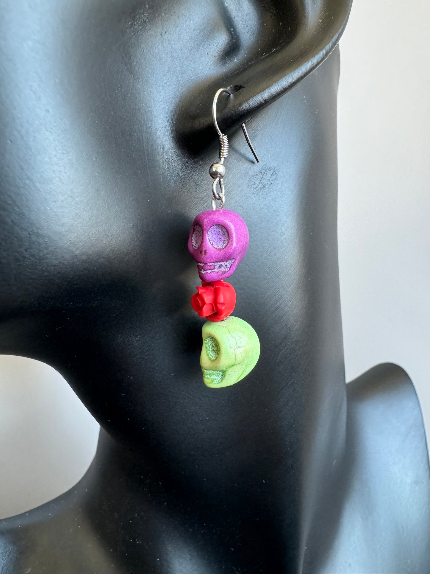 Purple and Green Sugar Skull Dangle Earrings