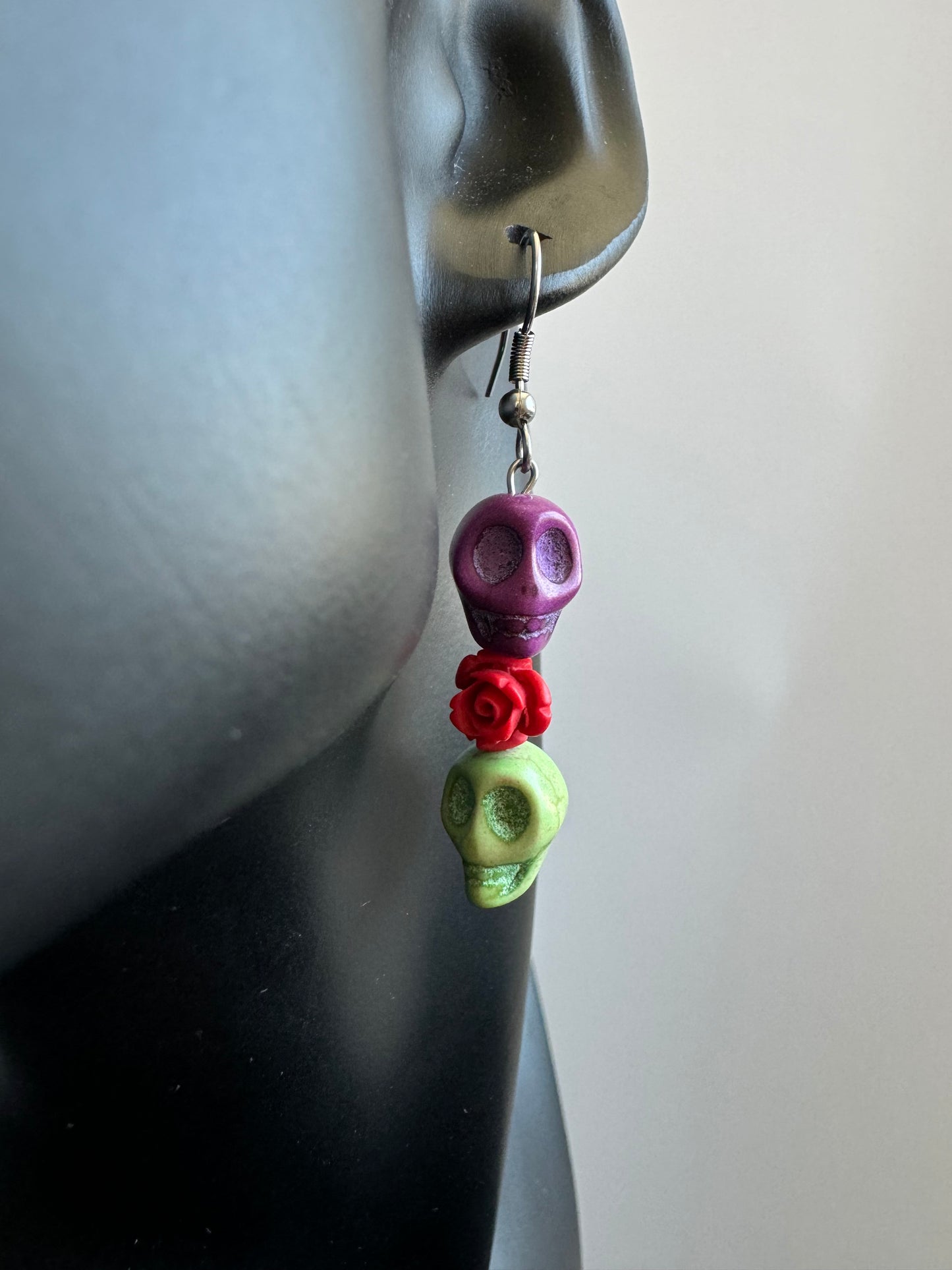 Purple and Green Sugar Skull Dangle Earrings