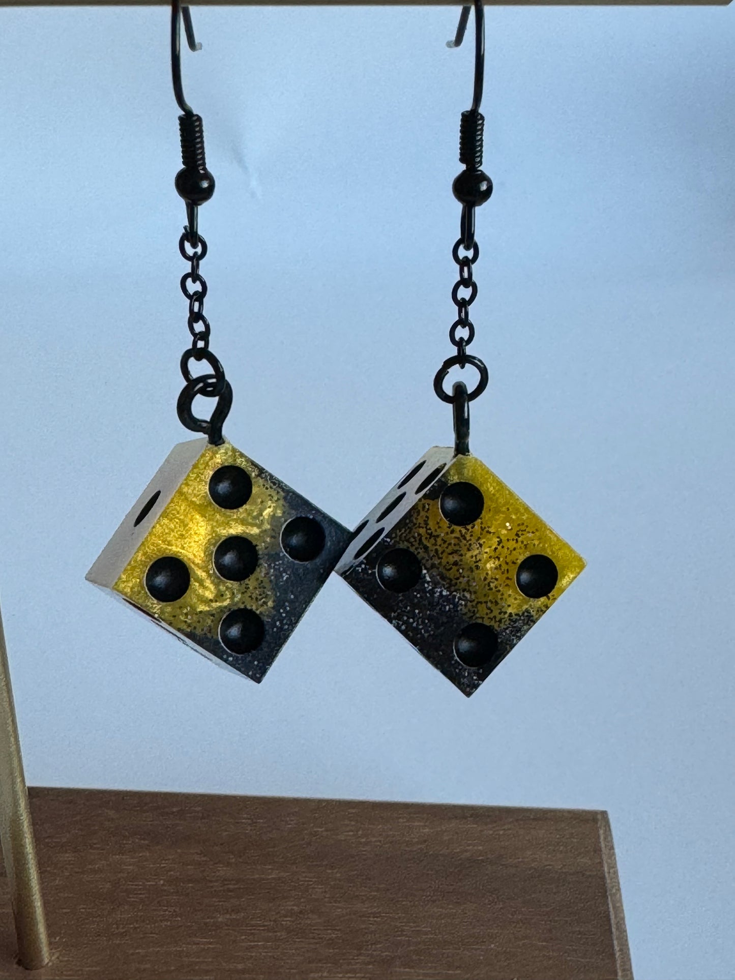 Yellow and Black Glitter D6 Dice Dangle Earrings