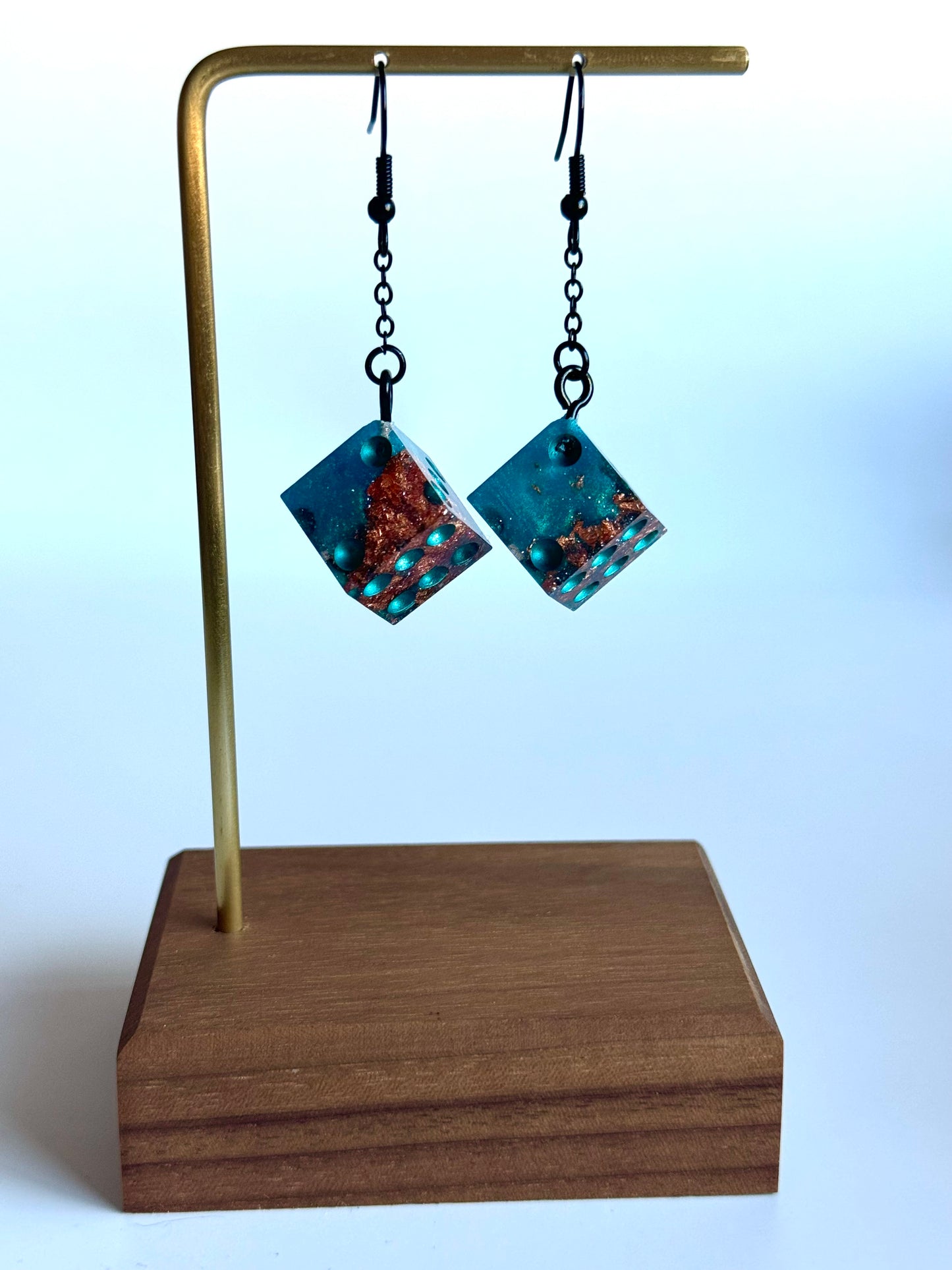 Turquoise and Rose Gold Foil Flake D6 Dice Dangle Earrings