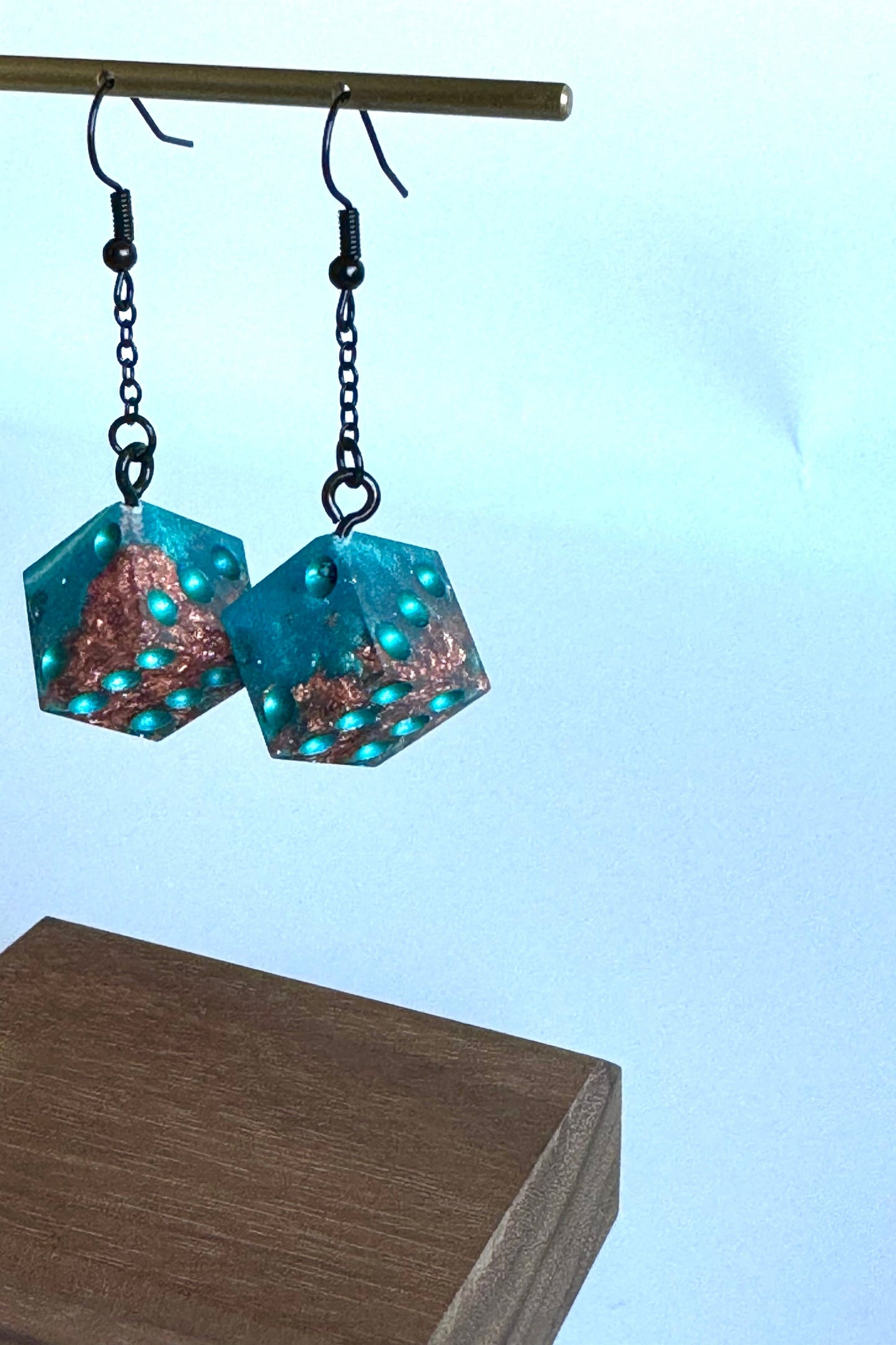 Turquoise and Rose Gold Foil Flake D6 Dice Dangle Earrings