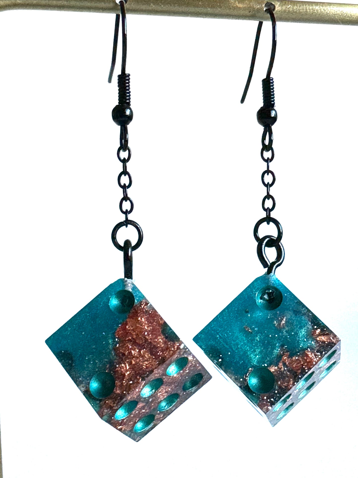 Turquoise and Rose Gold Foil Flake D6 Dice Dangle Earrings