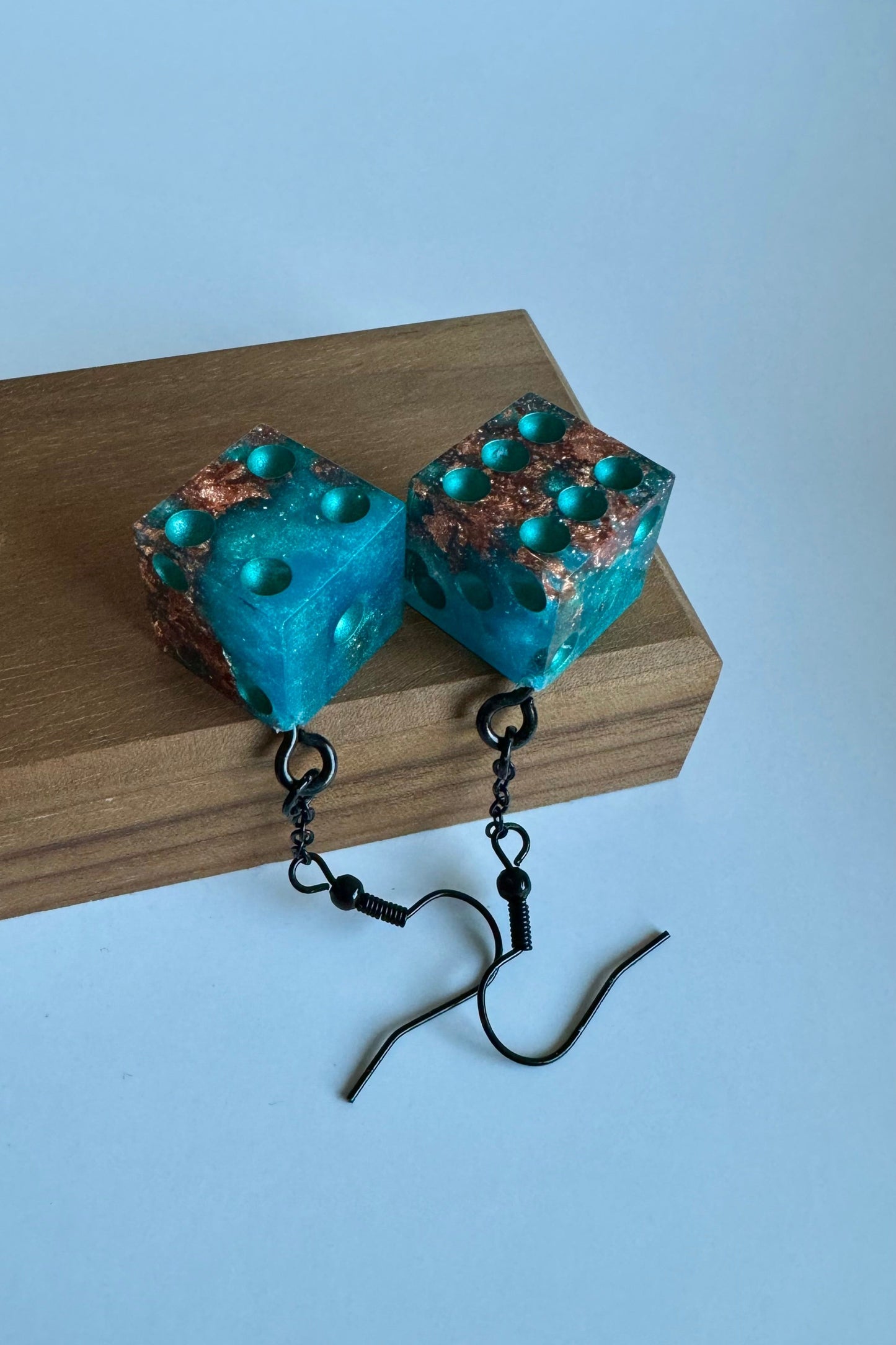 Turquoise and Rose Gold Foil Flake D6 Dice Dangle Earrings