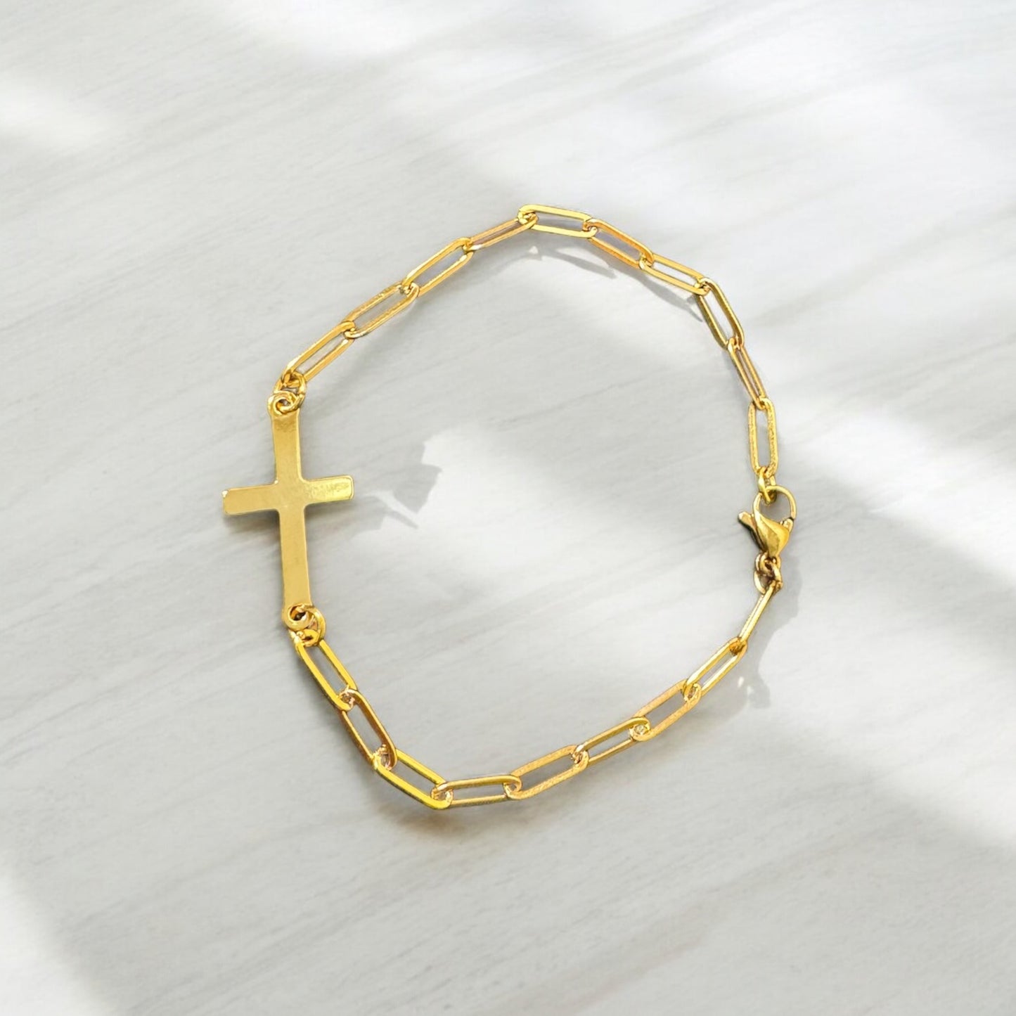 Dainty Minimalist Gold Paperclip Chain Cross Bracelet