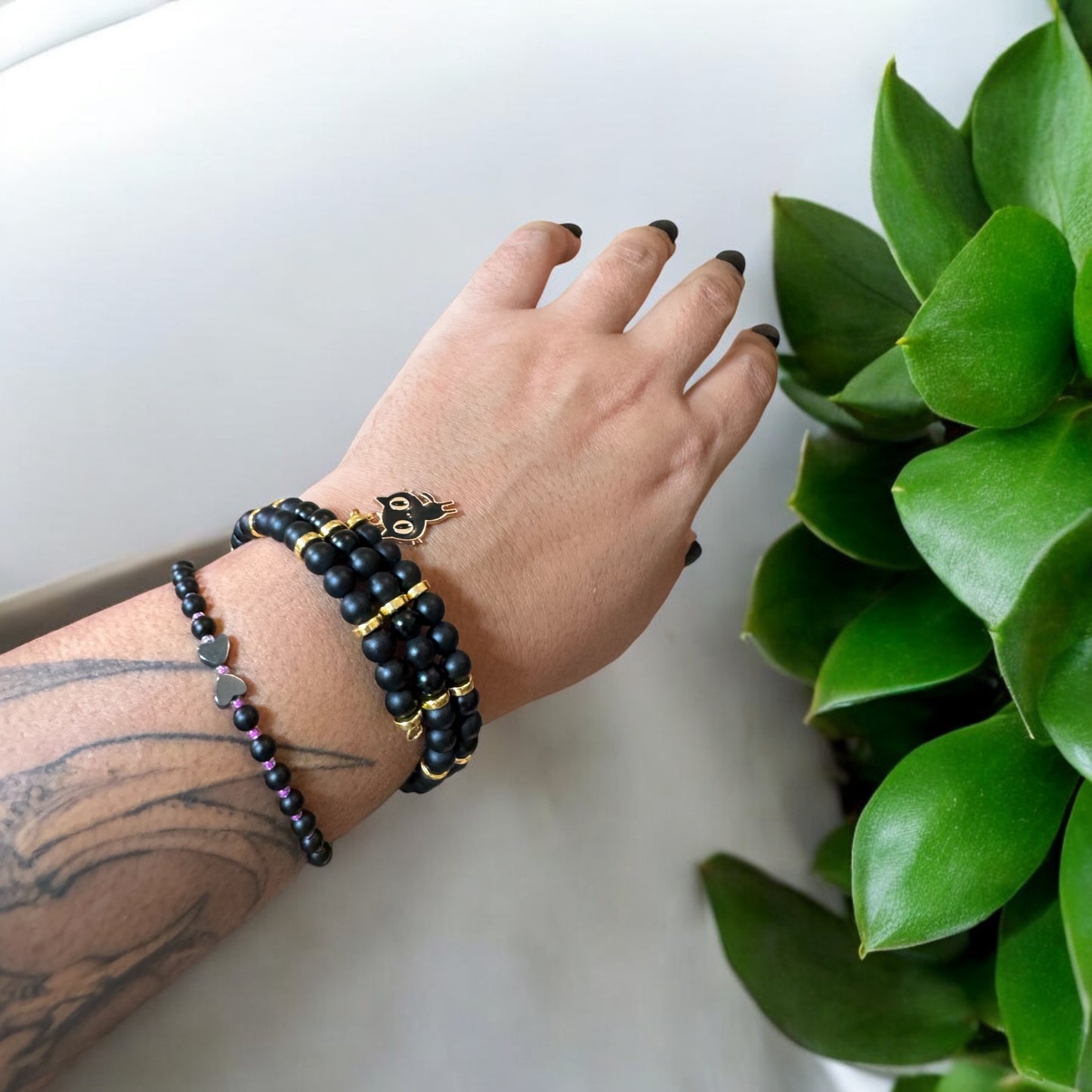 Black Onyx and Gold Wrap Bracelet With Black Cat Charm