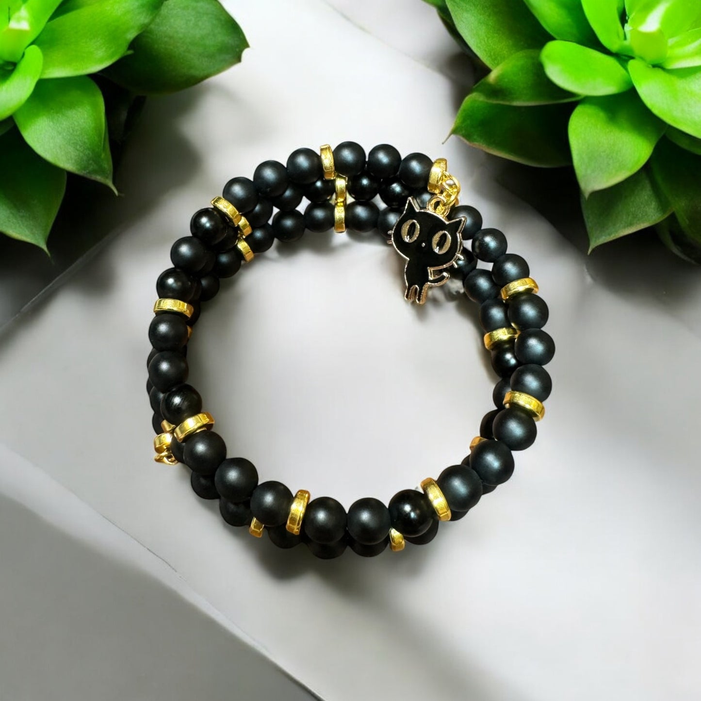 Black Onyx and Gold Wrap Bracelet With Black Cat Charm