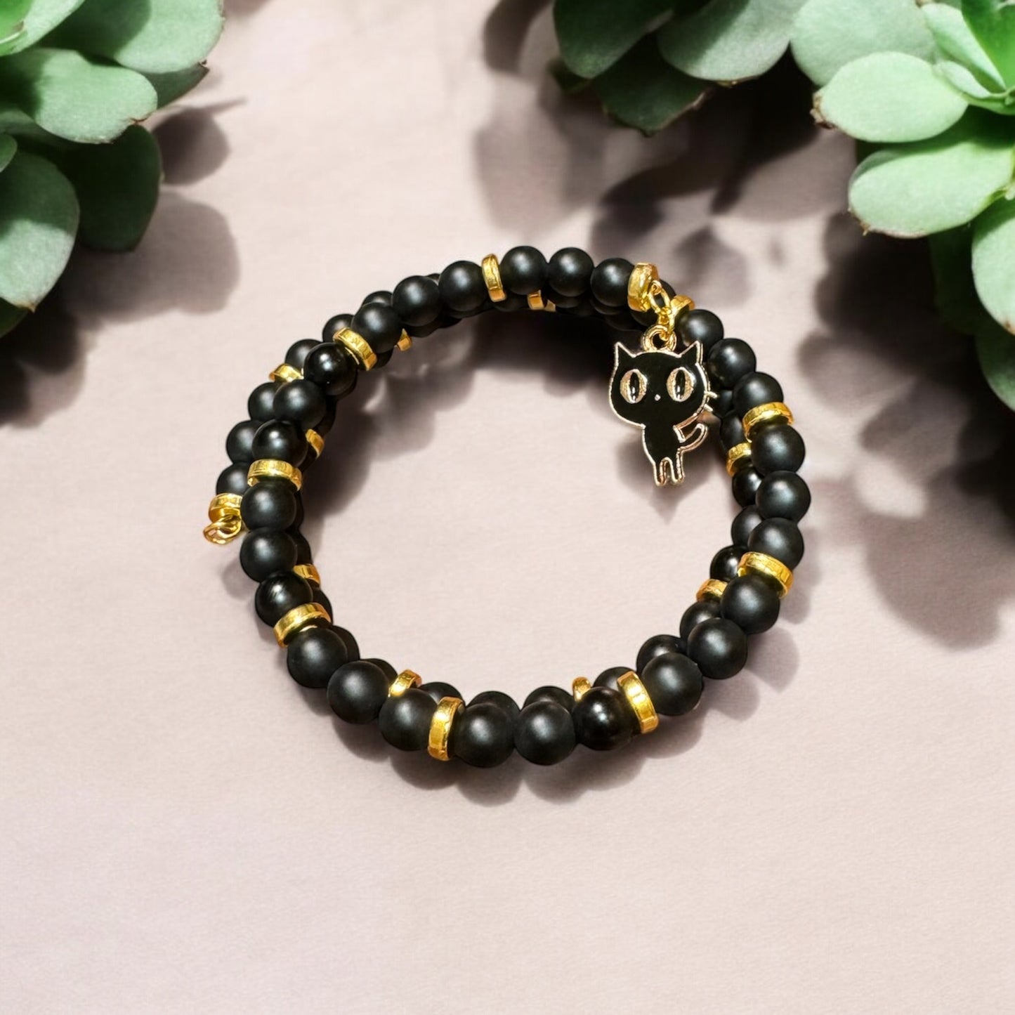 Black Onyx and Gold Wrap Bracelet With Black Cat Charm