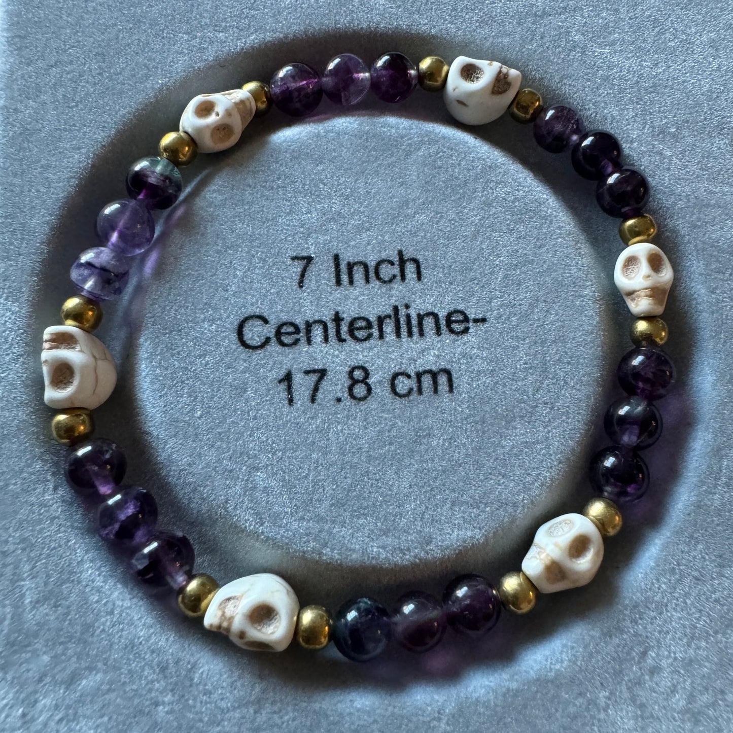 7 Inch White Skull and Purple Fluorite Beaded Stretch Bracelet