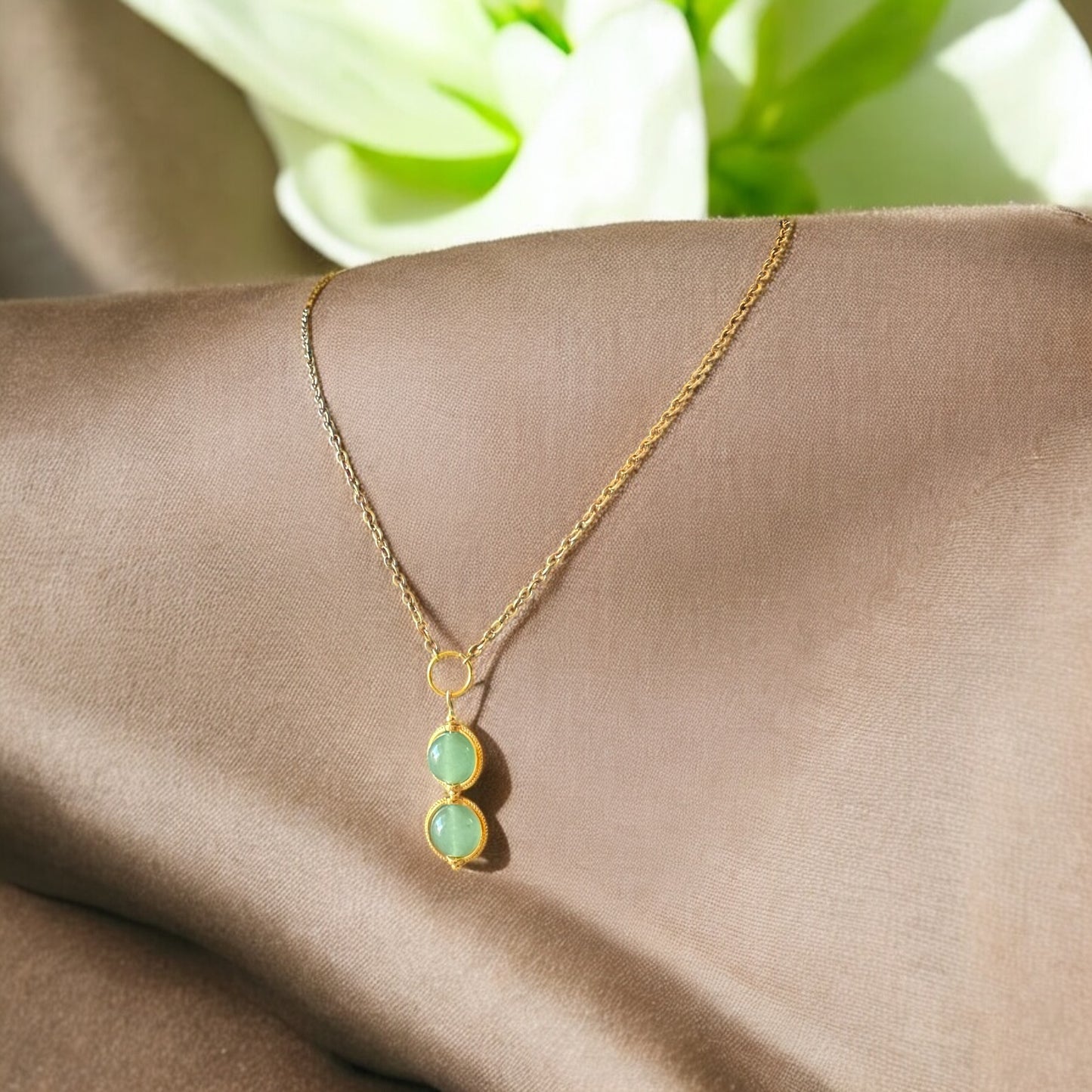 Aventurine and Gold Pendant Necklace and Earring Set