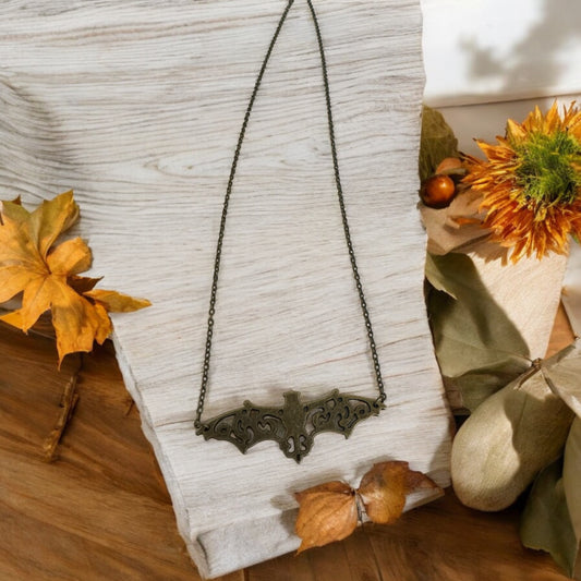 Flying Bat Filigree Pendant Necklace