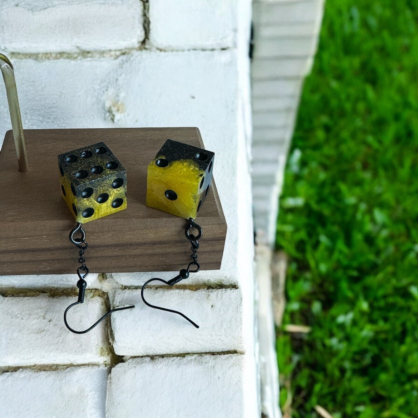 Yellow and Black Glitter D6 Dice Dangle Earrings