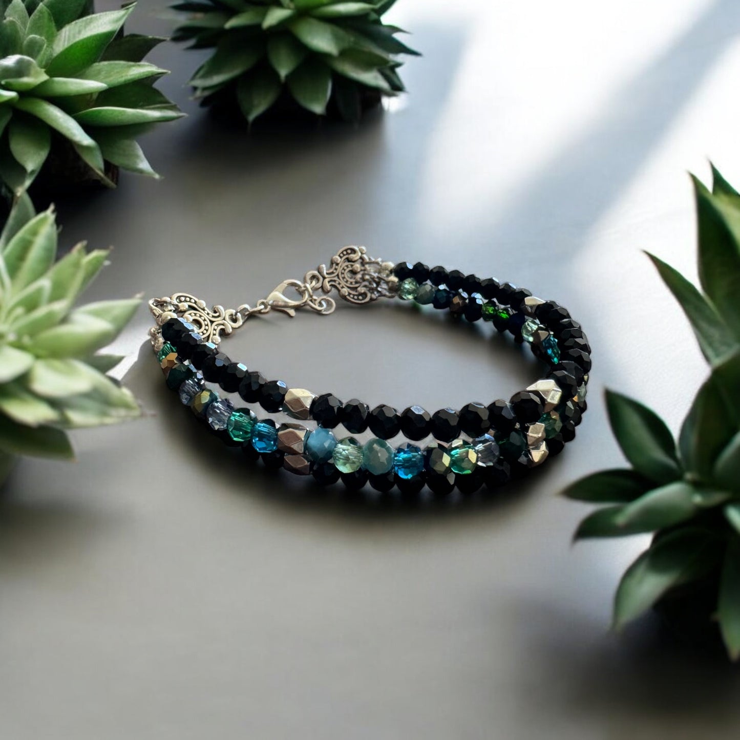 Stacked Teal and Black Glass Bead Bracelet