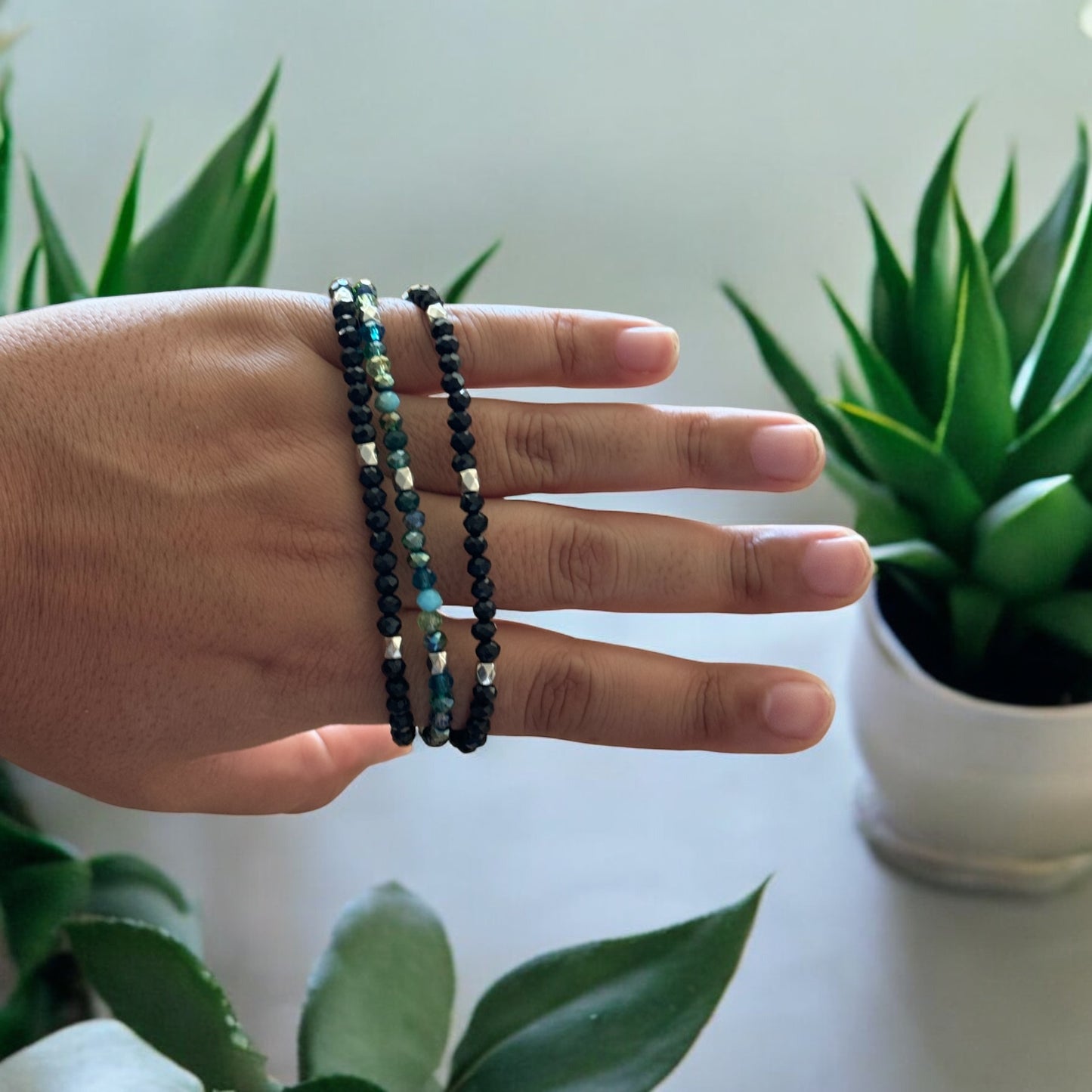 Stacked Teal and Black Glass Bead Bracelet