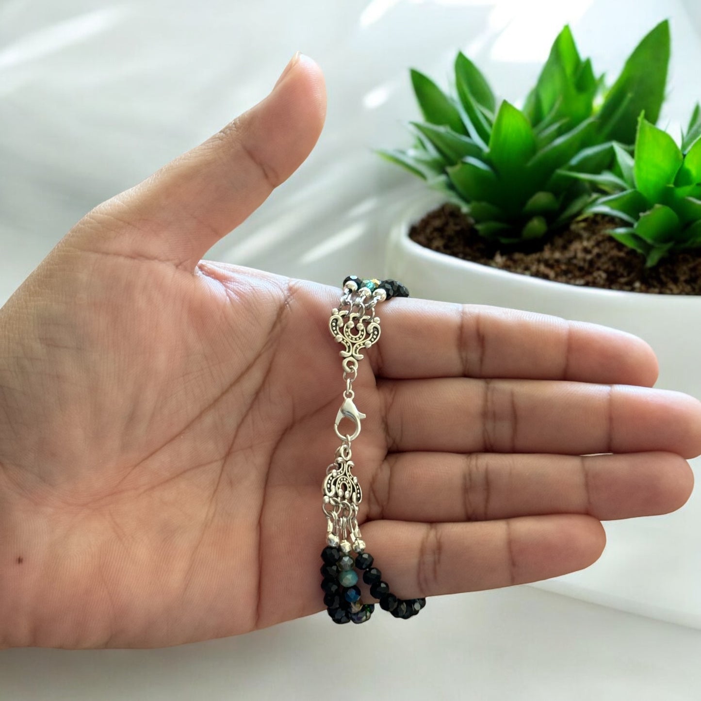 Stacked Teal and Black Glass Bead Bracelet