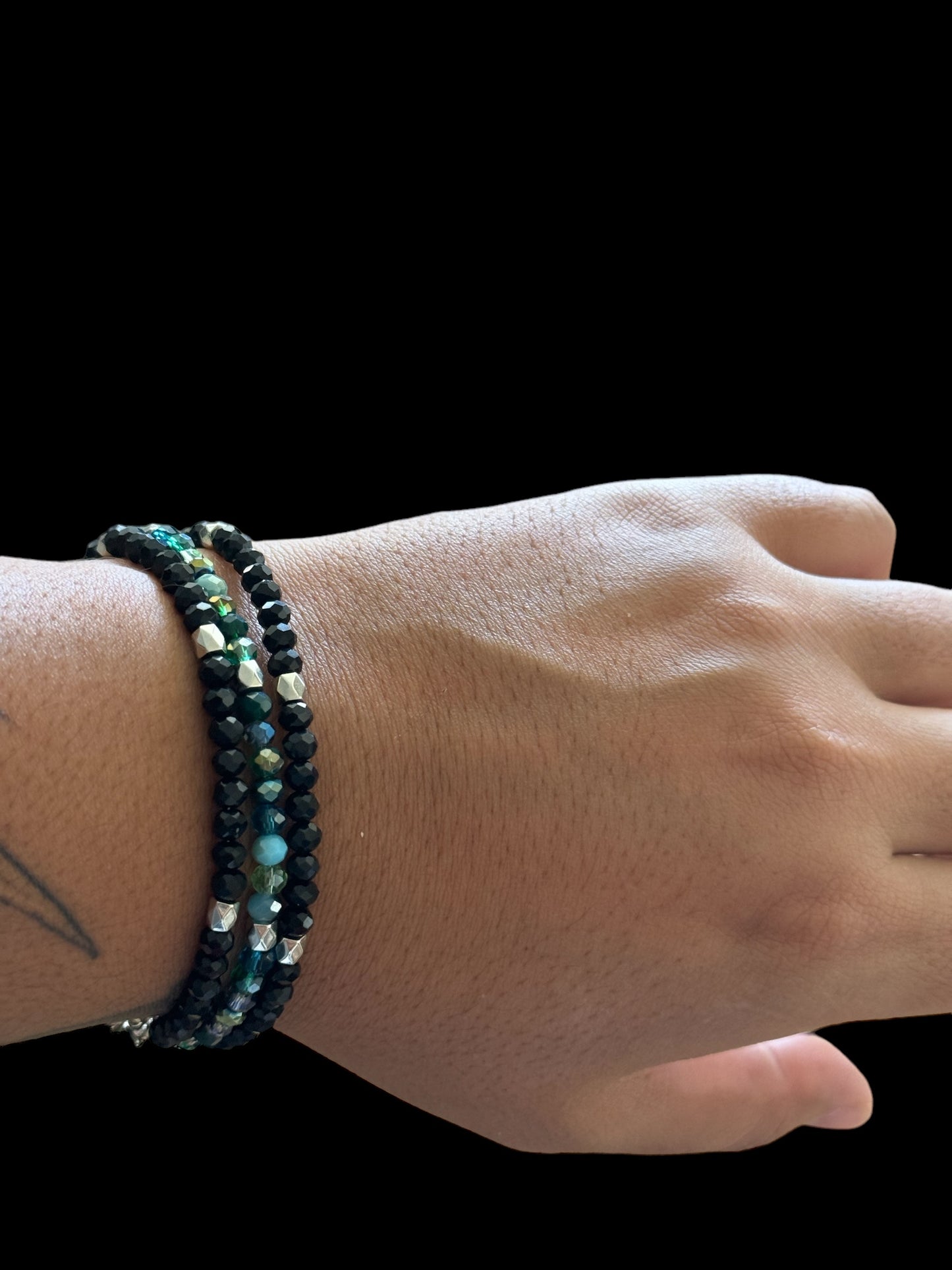 Stacked Teal and Black Glass Bead Bracelet